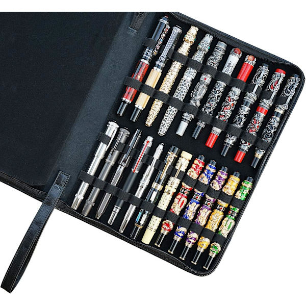 Rel Leer n Cse for Fountin n/Rollerbll n, Genuine Cowhide Holder Pouch Bg for 4 ns, Fit in Vrious Size Lrge Cpcity Office Black-46 Slots