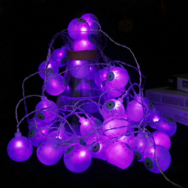 Halloween-lyslenke 10,8 fot 20 LED-lys batteridrevet Halloween-øyelys lilla lys grønt øye Halloween-lys med 8 moduser for innendørs