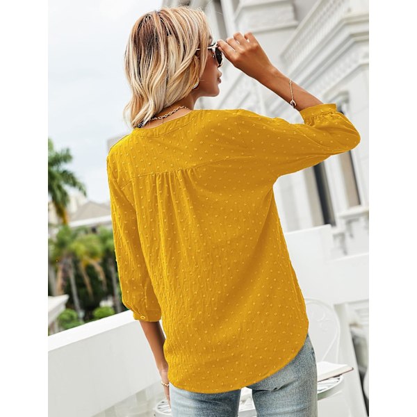 Kvinners Casual 3/4 Ermet Henley V-Hals Knappet Opp Plissert Bak Bluser Sveitsisk