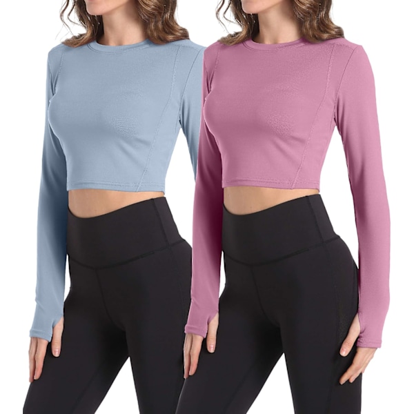 2 Pack Women's Crop Top Long Sleeve Athletic Workout Yoga Shirts Cropped