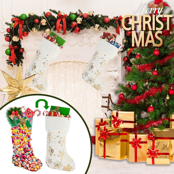 2 stycken julstrumpor, julstrumpa för eldstaden, plysch julstrumpa stor, julstrumpor hängande dekoration