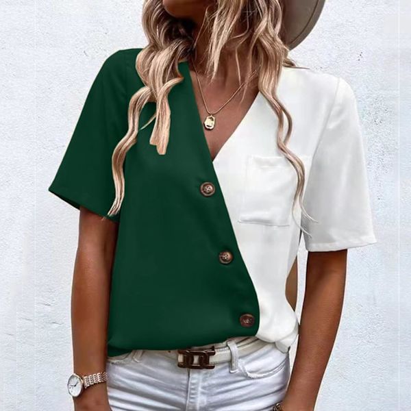 Kvinners sommer V-hals Chiffon Fashion kollisjon kortskjorte topp