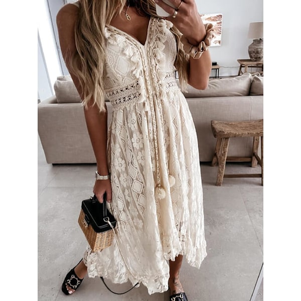 Boho Maxi-klänning med spets-up tofsar V-ringning Kvinnors sommar volang strandklänningar