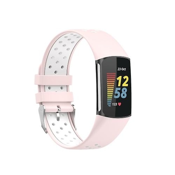 For Fitbit Charge 5 Dobbelt Farve Metal Spænde Hul Silikone Urrem YSV Pink White