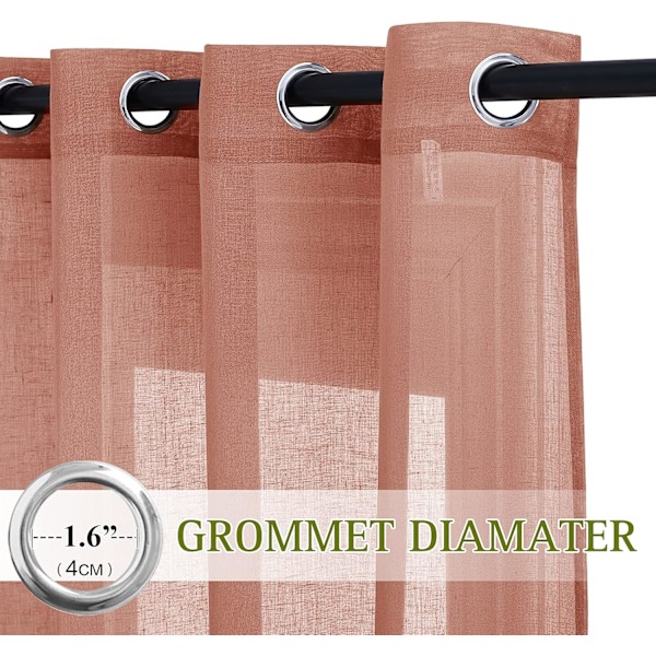 Linjalgardiner i lin - 213 cm lange (sett med 2) - 132 cm brede maljepaneler, havskumeffekt, filtrerer lys i soverom/gjesterom oransje