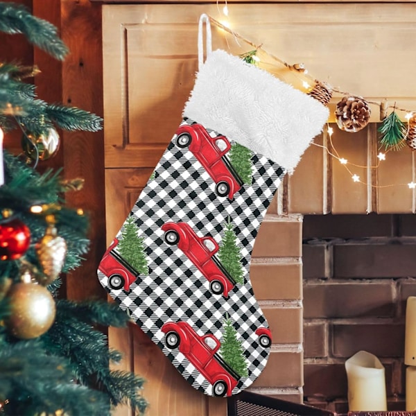 Julklapp, Personliga Julklappsstrumpor 2-pack Röd Lastbil Julgran Svart Buffelrutig 45,7 cm Julstrumpor Hängande Ornament