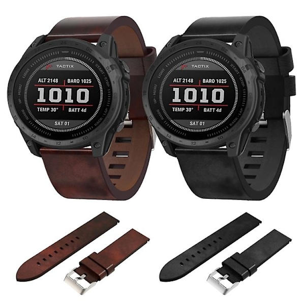 For Garmin Tactix 7 26mm Læder Stål Spænde Urrem LBC Brown
