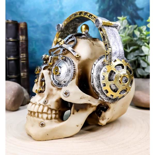 Ebros Gave Steampunk Cyborg R&B Funk Musik Fanatiker med Hovedtelefon Beats Dåser Sæt Kranie Dekorative Figur 5.75\" L Victoriansk Sci Fi Kranier Skeletter