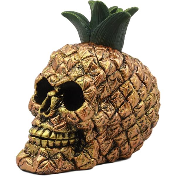 Ebros Hawaiian Tropical Pineapple Golden Skull Figurine 6\" Høj Frugt Skelet Hoved Statue til Dag for de Døde Spooky Dekoration Multi Farvet Multi