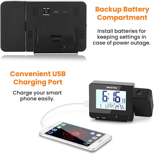 Projektionsvækkeur til soveværelser, digitalt ur med indendørs termometer hygrometer, USB-oplader, sengetidsvækkeur projektor, rejse, AC &