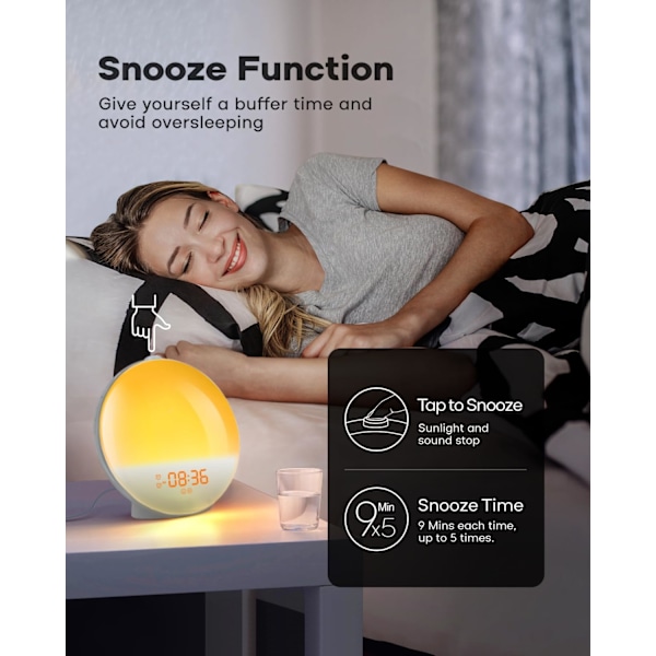 Solopgangs vækkeur, Smart Wake Up Light, APP-styring, Solopgangs- og solnedgangssimulering, Sleep Sound Machine, Dobbelte alarmer, FM-radio, Naturlyde, til