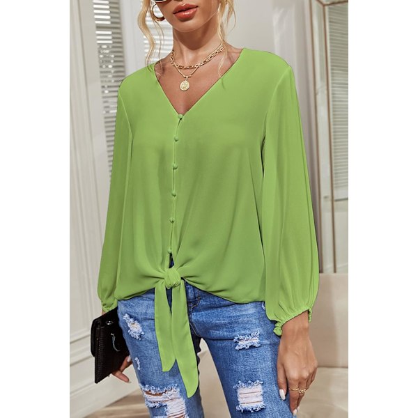 Kvinners Knappet Ned V-Hals Sløyfe Knute Front Topper 3/4 Erme Chiffon Casual Bluse