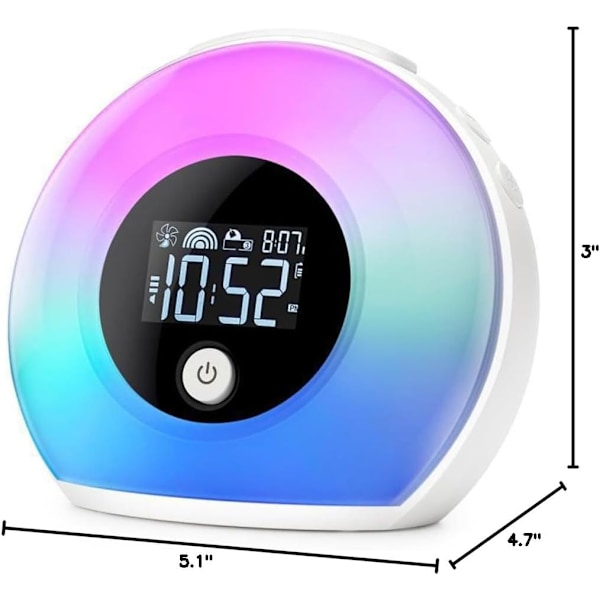 Väckarklocka med soluppgångsljus för barn, tunga sovare, sovrum, sömnstöd, dubbla larm, Bluetooth, nattlampa, 5 färger, 3 ljud, idealisk för