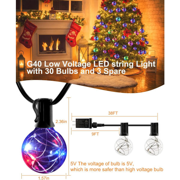 RBG Patio String Light 38FT 5V丨 8 Färglägen丨G40 30 Glas LED-lampor (3 reserv) 丨E12 0,5W 丨 IP44 Vattentät Sladdad Elektrisk Hängande Bistro-ljus