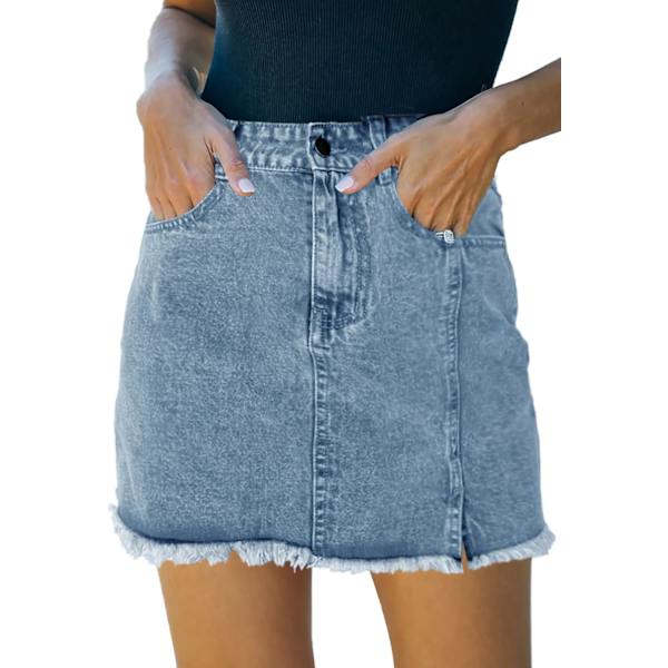 Kvinners Denim Miniskjørt Høy Midje Casual Split Hem Vasket Frayed A-linje Jean