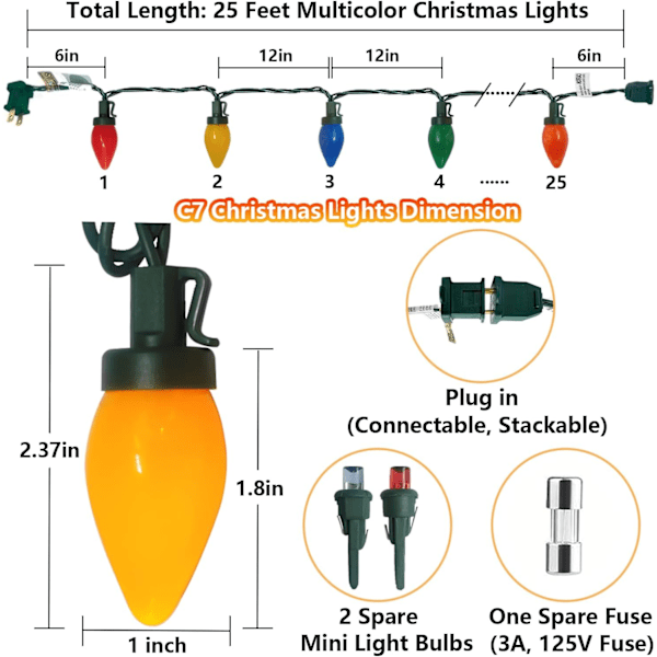 25 fot julbelysning utomhus, C7 LED-julbelysning med 25 krossäkra färgade glödlampor, plug in vattentät vintage julbelysning för