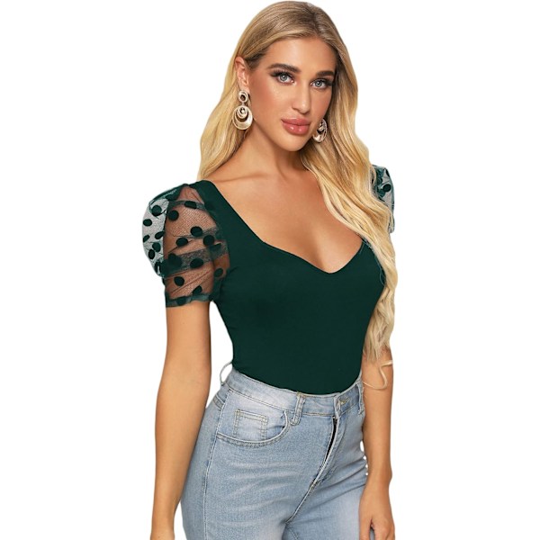 Women's Sweetheart Neck Mesh Puff Sleeve Slim Fitted Tee Top