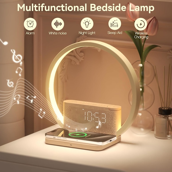 Sunrise trådlös laddare, 10 ljudmaskin väckarklocka med 30/60/90 minuters timer, 3 nivåer touch nattlampa, dubbla för tunga sovare, trä