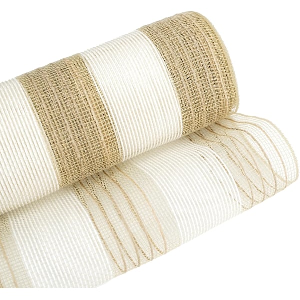 Jute Deco Mesh 10 tum Jute Mesh Band Naturlig och Vit Bred Randig Poly Mesh