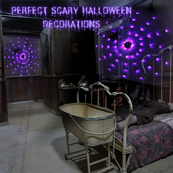 Spider Web Lights - 4FT Diameter 70 LED med Sort Edderkop, Vandtætte Net Lights, Fjernbetjening, 8 Tilstande Cobweb til Hus Have Indendørs Udendørs