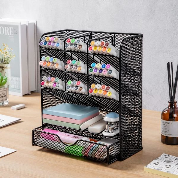 Metl n Orgnizer, ncil Holder for Desk, Desk Orgnizer wi Drwer for hool, Home, rt Supplies (Blck) Blck Black