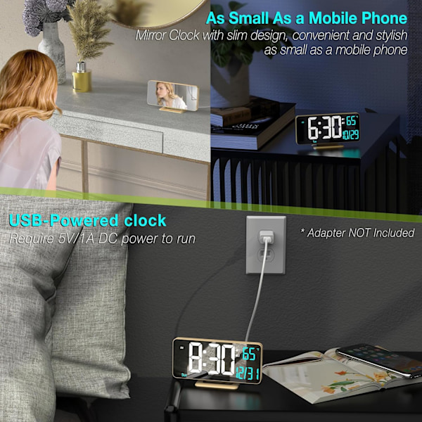 Dubbel väckarklocka 6,7 tum guld bordsur med dimning, 12/24h, sekunder, datum, veckodag, temp, digital LED-klocka för sovrum, digital kalender