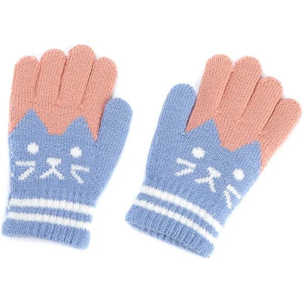 Söta kattdesign stickade handskar för barn - Vintervarma stretchiga handskar