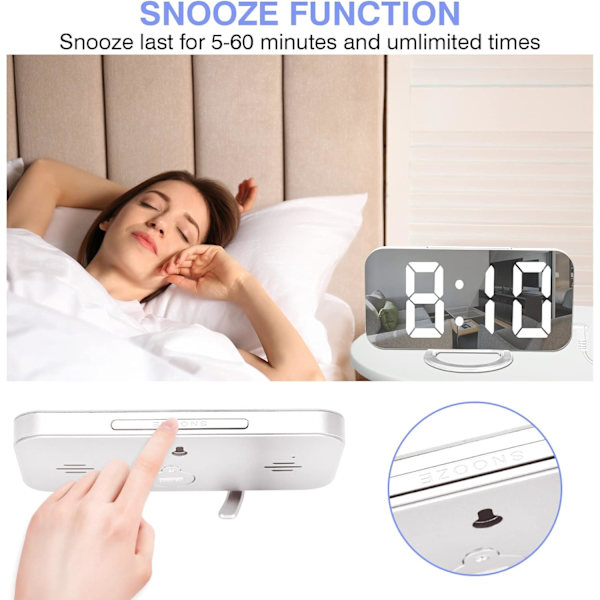 Digitalt vækkeur, 6,6\" stort spejl LED-ur med dobbelt USB-opladerporte | Nem snooze-funktion | 3 justerbar lysstyrke egnet til