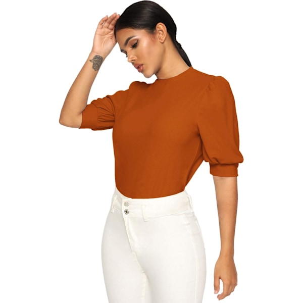Kvinners Puff Sleeve Casual Solid Top Pullover Keyhole Back Bluse