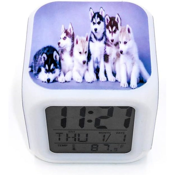 Bocaihua Ny Alaskan Sled Dog Valp Husdjur Blå Alarmklocka Skrivbordsklocka Digital Alarmklocka med LED-lampor Plastbordsur för Barn Tonåringar