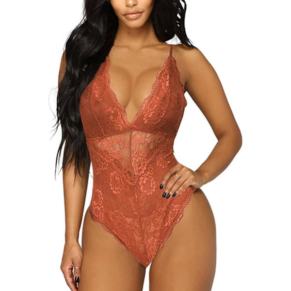 Lingerie til kvinder Sexet dyb V-hals blonde bodystocking Snap skridt Teddy natkjole