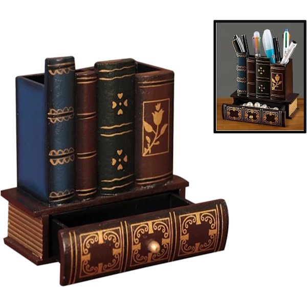 Træ n Holder Librry Bog Shd, Træ ncil Holders Stnd wi Bund Storge Skuffe Dekortiv Skrivebord Orgnizer Cddy brun brun