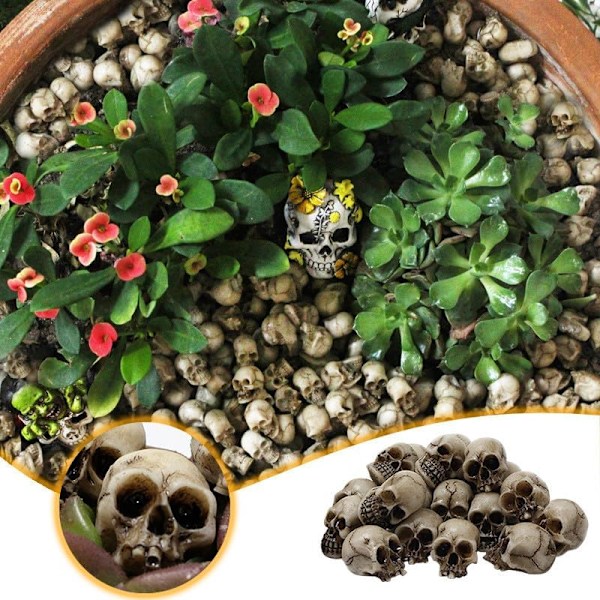 100PCS Mini Skallehuvuden Figur Figur Miniatyr Plast Skelett Huvud Statyetter i Bulk för Vasfyllning Mikro Landskap Blomma 100PCS