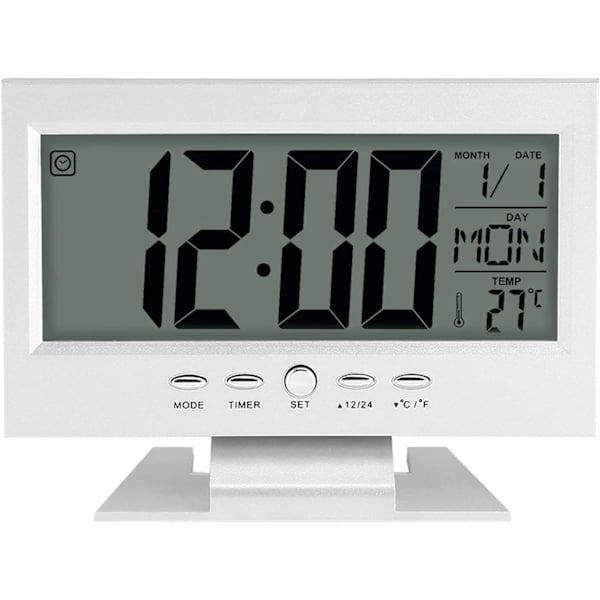 Bordsur, LCD-display Digital Sound Sensor Klocka Bordslarmklocka med Smart Nattljus och Snooze Tid/Kalender/Temperatur Display(Silver)