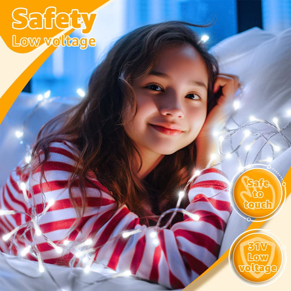 Strenglys 120LED 40FT, Kald Hvit Fe Lys Vanntett Koblebar Timer, 8 Moduser Plug in Julelys for Soverom Utendørs Fest Kjølig