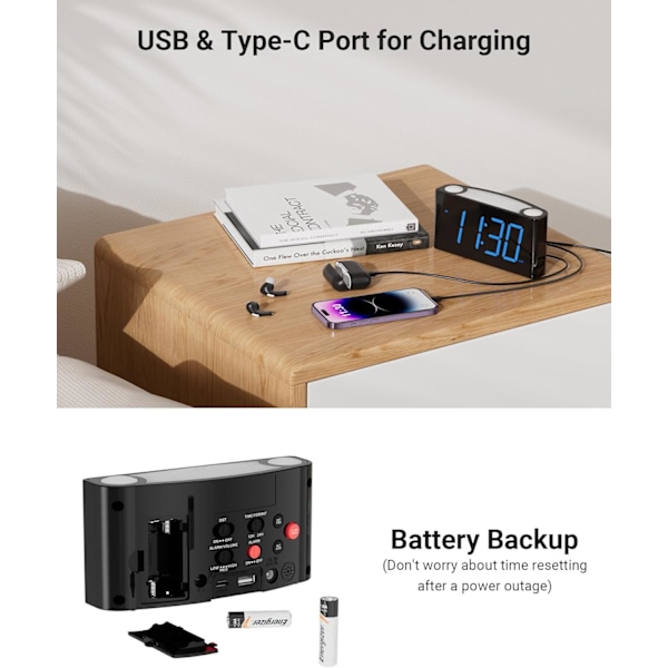 Digital väckarklocka för sovrum - Stor 7,5'' LED-display med dimmer, snooze, 7-färgad nattlampa, enkel att ställa in, USB-laddare, baery backup,