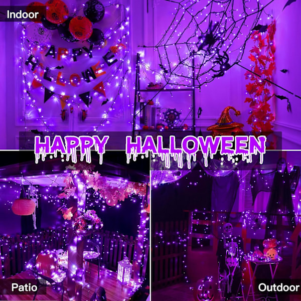 66FT 200 LED Halloween-lys, lilla Halloween-lys til udendørs brug med 8 lystilstande, vandtætte Halloween-lyskæder til jul udendørs