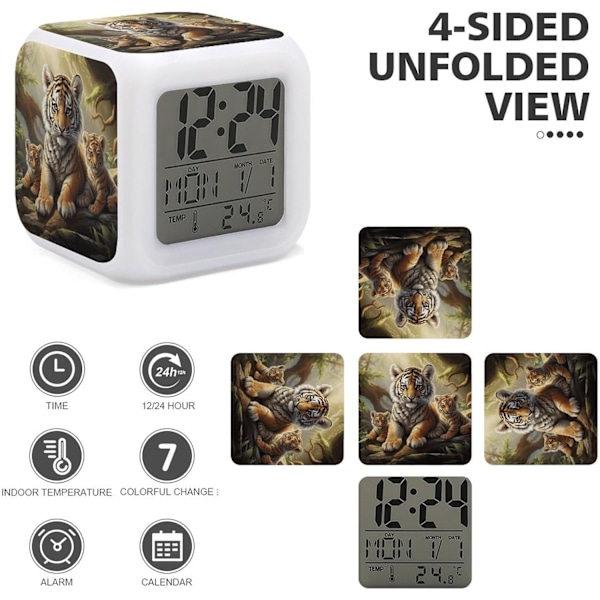 LED-väckarklocka, Jungle Tigers Cub Ptrint Multicolor Väckarklocka Geometrisk Väckarklocka Mångsidig Väckarklocka Modern Väckarklocka Vit Vit
