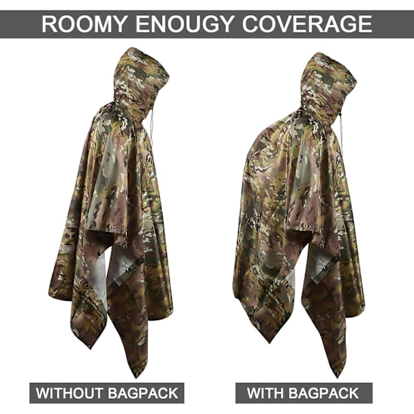 Camo Poncho Militær Multicam Vandtæt Hætte Regnfrakke Rygsæk Cover