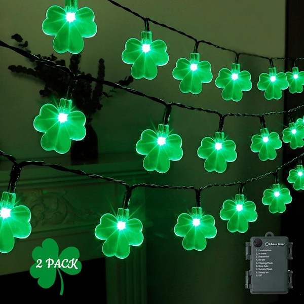 St. Patricks Day String Lights Outdoor, 50 LED 16 FT Shamrocks Decorative Green Leaf Lights Battery Operated, 8 Lighting Modes & Timer, Green