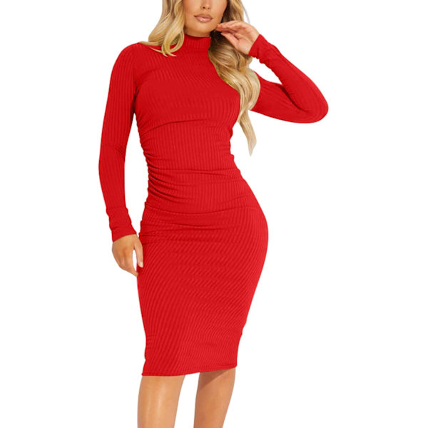 Kvinders Ribbet Basic Casual Kjole Langærmet Ruched Club Kjoler