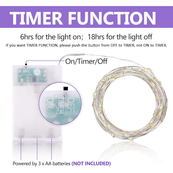 Batteridrivna ljusslingor med timer, 5m 50 LED Micro Wire Fairy String Lights med timer inomhus utomhusbelysning, sovrum, bröllopsdekor