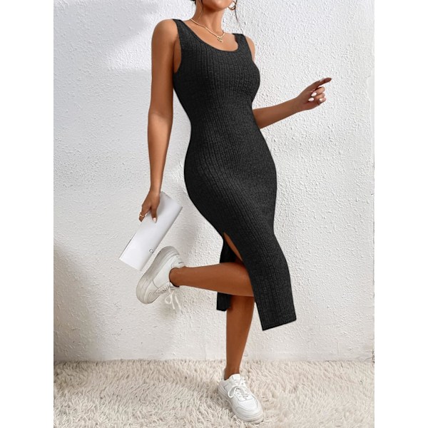 Tank Midi Kjole Kvinder Høj Split Scoop Hals Rib Strik Sommer Pencil Kjoler