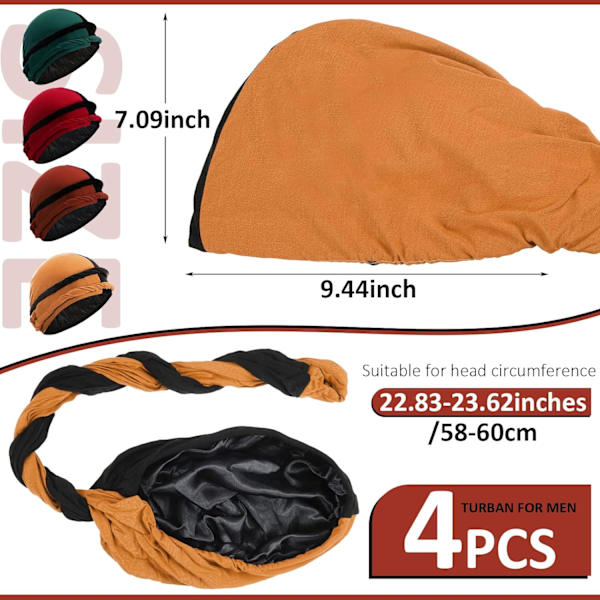 4 delar turban för män Twist Head Wraps för män Stretch