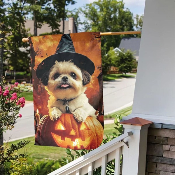 Hage Halloween Shih Tzu Hund Happy Halloween My Love Puppy Dobbeltsidig Holdbar 12x18 Utendørs Banner Dekor Hage s Hvit Hvit