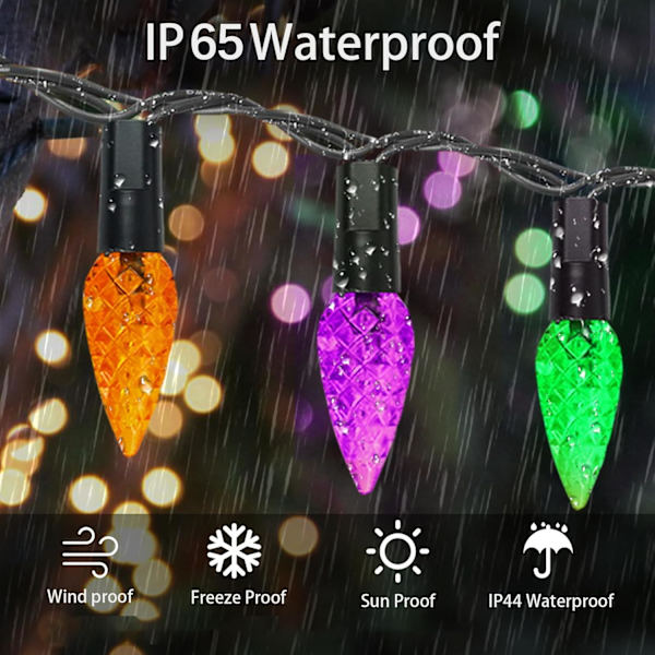 2 Pakke 200 LED C6 Halloween Lyslenker, 66FT Eventyrlys Batteridrevet med Fjernkontroll og Timer, Vanntett Oransje Lilla og Grønn