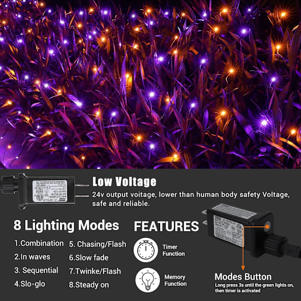 5ft x 5ft Halloween Net Lights Utendørs Nettlys, 8 Moduser Timer Koblingsbar Vanntette Oransje Lilla Busklys Nettinglys for Oransje