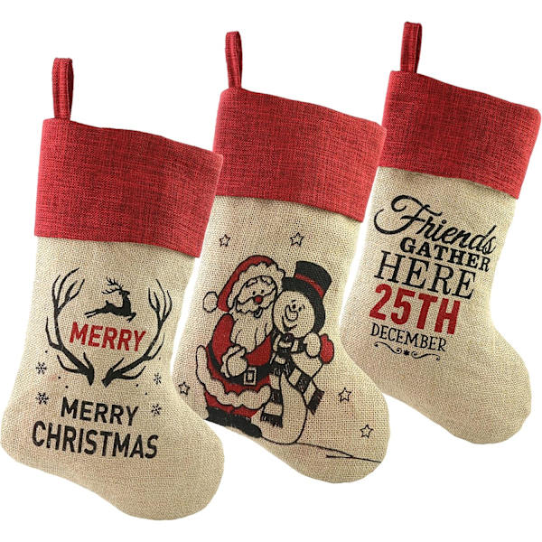 Julstrumpor Set med 3 Mjuka Jutesäck Linnemönstrade Claus Blessings Strumpor