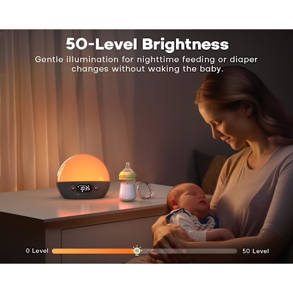 Ljudmaskin, soluppgångslarm med Bluetooth-högtalare, vitt brus för sömn, väckningsljus för sovrum, tung sovare, dimbara nattlampor
