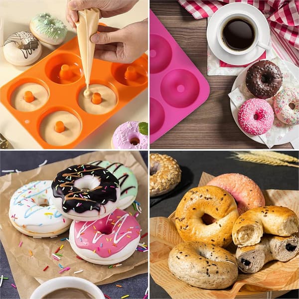 Silikone bageforme, bageplade, donuts, bageplade, 3 stk., 6 huller, non-stick belægning, tåler opvaskemaskine, til bageentusiaster,